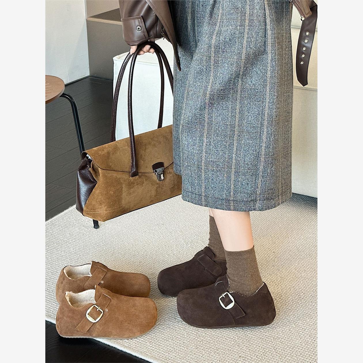 磨砂真牛皮!大头勃肯鞋女冬新款加绒保暖5CM厚底内增复古懒人棉鞋 - 图2