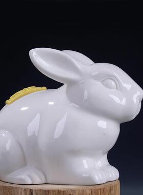 德化瓷招财如意兔子一对 风水陶瓷小白兔子工艺礼品摆饰生肖兔客