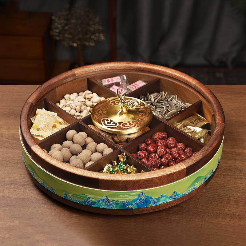 新中式实木果盒家用客厅千里江山装饰坚果盒创意瓜子糖果收纳果盘,淘宝优惠券,粉丝福利购,淘宝优惠卷