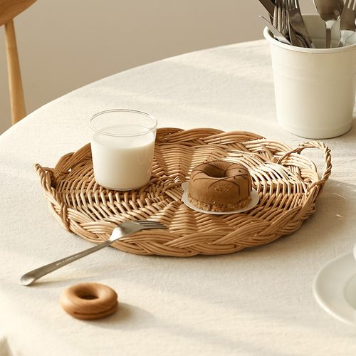 手工柳编藤编水果篮圆形食物烘培面包托盘陈列展示篮子零食筐果盘 - 图1