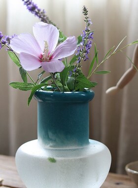 手工磨砂碱面小花瓶干花鲜花花器家居桌面彩蓝色酒店复古摆件