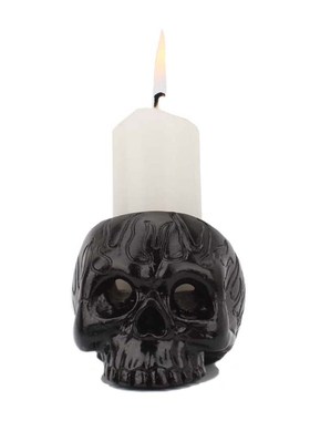 火焰黑色小骷髅烛台欧美创意家居恐怖复古骷髅迷你树脂摆件万圣节