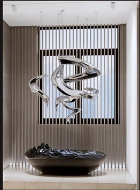 软装水滴海浪银色鱼群吊饰雕塑玻璃钢酒店大堂客厅天花吊顶装置