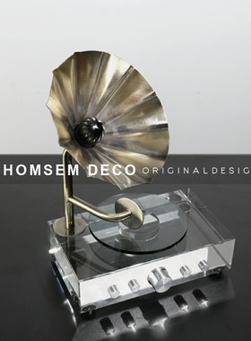 从上现代简约桌面装饰品水晶复古留声机摆件创意家居软装饰品摆设