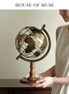 缪斯家旧影欧式覆古地球仪摆件桦木古铜色办公室书房书柜装饰品