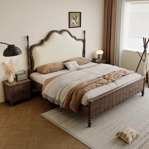 205UBS新款美式1.米实木现2代简约软靠包中古风主卧室1.8米双人床 - 图2