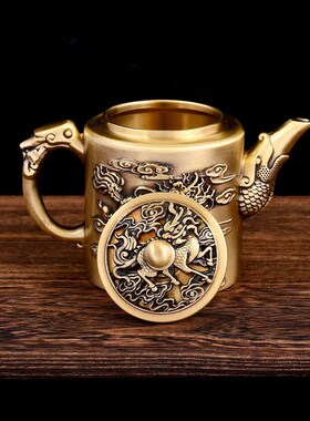 盖子会旋转麒麟茶壶纯黄铜转转麒麟壶国风覆古文玩铜壶摆件工艺品