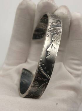 高档摩根9币手意工覆古银手镯男创个性欧美飞鹰女神硬币s25纯手银