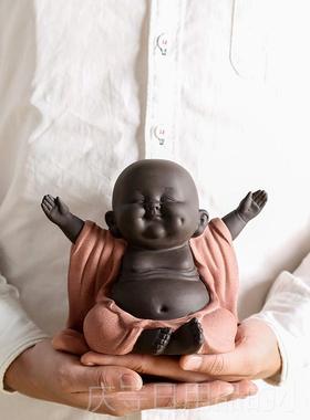 高档创紫砂手工客弥勒笑佛家居装饰品摆件公办室厅陶瓷工艺意品小