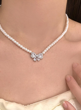 法式轻奢蝴蝶结珍珠项链小众复古