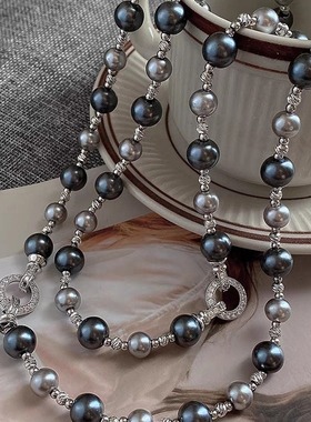 高级感麻灰色混色珍珠项链女轻奢