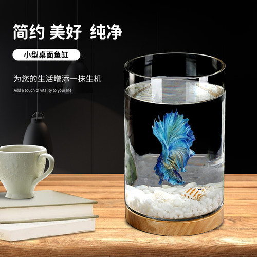斗鱼缸迷你小型玻璃鱼缸造景桌面带灯圆柱缸办公室生态瓶微景观鱼 - 图0