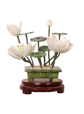 中式风格玉石白荷花摆件仿真莲花盆景家居装饰客厅佛堂供奉佛前花