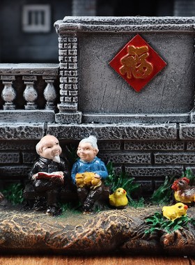 桌面中式古厝家居饰品树脂建筑摆件乔迁办公室装饰品创意客厅绿植