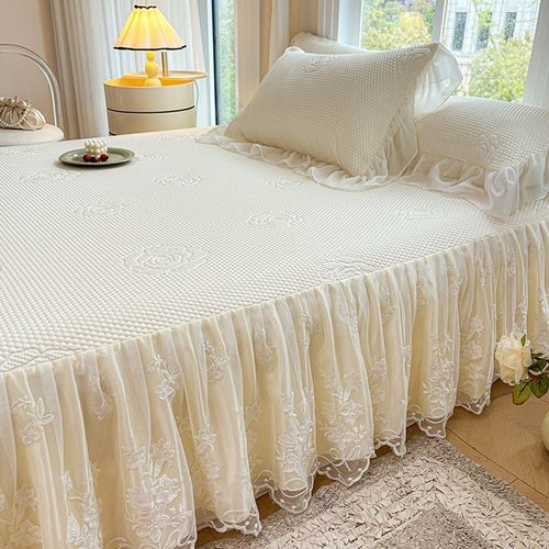 a类凉感冰丝海洋丝凉席床裙三件套高级感蕾丝刺绣边床罩软垫夏季 - 图2