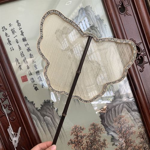 苏绣缂丝素锦面团扇女子古风宫扇女湘竹长柄双面扇子汉服摄影道具 - 图0