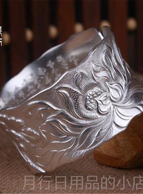 正品荷花手工心经手镯镯浮雕手莲花镯999足银雪花银纯银手手镯子