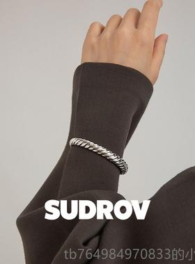 正品SUDROV镯素觉手设计感牛角包925银手镯女时尚个开性口镯子银
