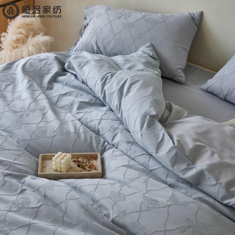 A类秋冬加厚全棉磨毛四件套浮雕提花纯棉被套床笠床上用品蓝紫色 - 图2