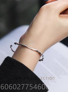 JUTAN 纯银手镯女I面N个SB014性潮简约不规则凹凸女细款百搭银I饰
