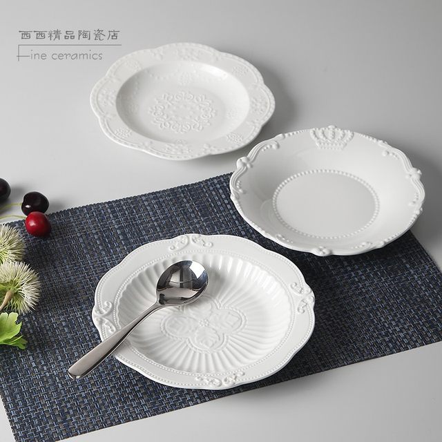 European style embossed Western food steak plate catering utensils pure white household ceramic soup plate 8 inch deep dim sum dish plate