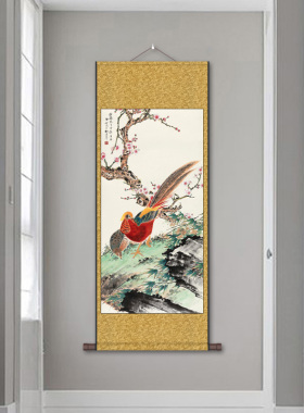 田世光石榴桃花报春图国画丝绸画名家花鸟画玄关挂画定制多子多福
