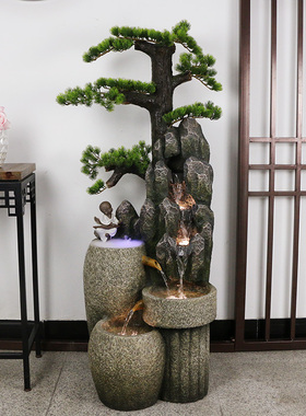 中式迎客松假山流水喷泉阳台景观客厅玄关家居落地装饰品水景摆件