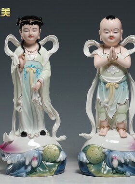 微美海浪荷花座善财童子龙女金童玉女像观音菩萨家用童男童女摆件