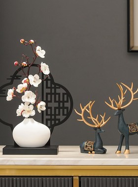 中式仿真海棠花盆景屏风摆件客厅装饰品玄关电视柜酒柜办公室景观