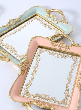 出口欧美复古金宫廷风奢华感雕花手绘镜面托盘茶盘摆件 婚礼摆件