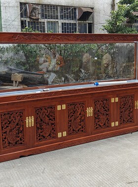 实木鱼缸底柜缸架玄关隔断落地水族箱柜中式榆木定做雕龙客厅家用