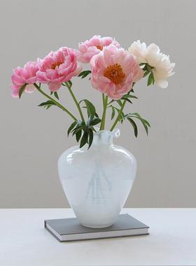 现代简约瓶创意花边口花白色渐变纹大肚鲜子玻ALR璃花餐桌居家电