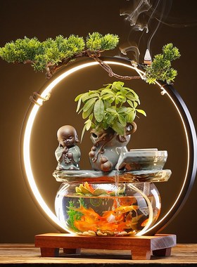 鱼缸客厅中小型陶瓷招财流水摆件家用桌面循环生态景观玻璃金鱼缸