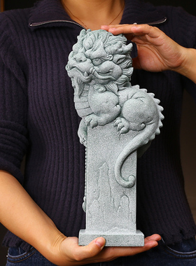 国潮风大号青砂石盘龙柱麒麟摆件创意家居客厅玄关庭院造景装饰品