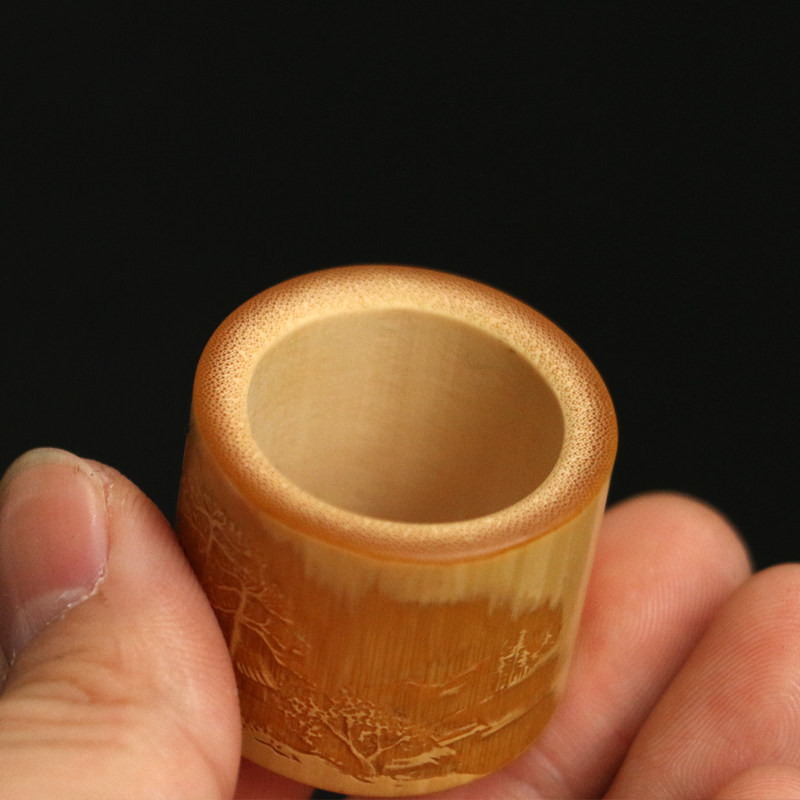 Boutique famous artist Wang Lei's pure handcrafted low-relief landscape and scenery old jade bamboo ring with finger handle and bamboo carving ring