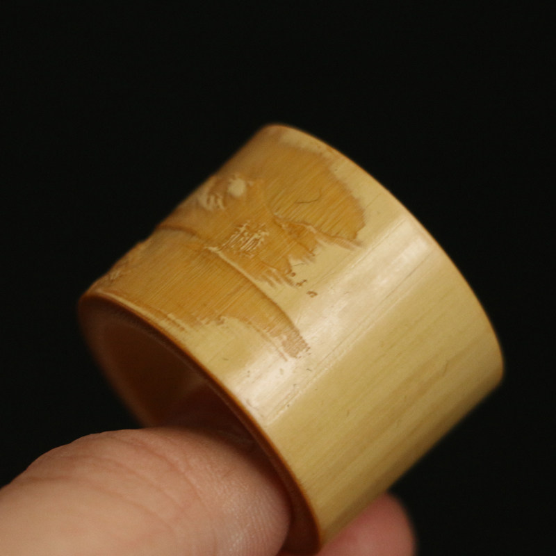 Boutique famous artist Wang Lei's pure handcrafted low-relief landscape and scenery old jade bamboo ring with finger handle and bamboo carving ring