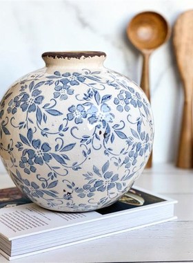 法式复古陶瓷花瓶青花瓷水养鲜花插花客厅桌面装饰摆件高级圆形蓝