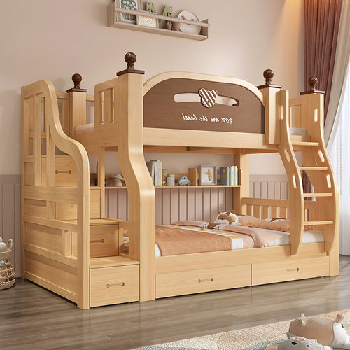 高低床双层床小户型上下床双人床上下铺儿童全实木大人组合母子床 - 图1