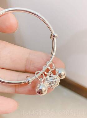 正品999纯长银命足银福字平安锁铃铛长锁手纯银命镯富贵宝宝周岁