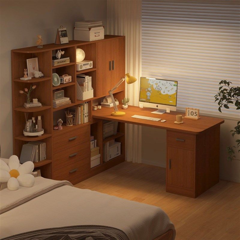 办公室电脑桌学生书桌家用写字桌卧室房间学习桌转角桌书柜一体桌,淘宝优惠券,粉丝福利购,淘宝优惠卷