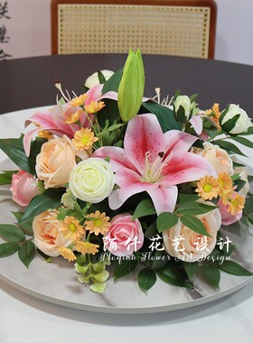 餐厅酒店桌花摆件百合玫瑰圆桌餐桌花摆花饭店桌面转盘中间装饰花