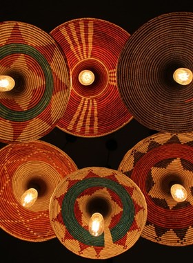 咖啡厅书店工业风装修竹吊灯竹灯罩竹编篮子灯斗笠灯罩竹灯笼