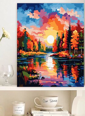数字油画diy手工填充五彩立体树林风景画减压手绘涂色丙烯油彩画