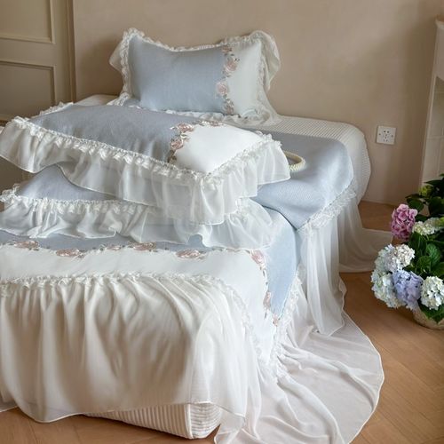 法式小清新加厚植物花卉刺绣公主风蕾丝床裙款冰丝席三件套软席子 - 图0