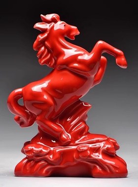 红色陶瓷马摆件枣红色立马十二生肖马到成功吉祥客厅物装饰工艺品