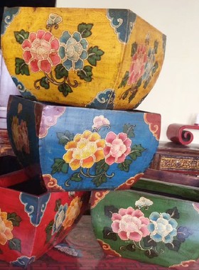 新中式仿古实木米斗摆件手绘收纳盒储物罐日进斗金家居装饰品花器