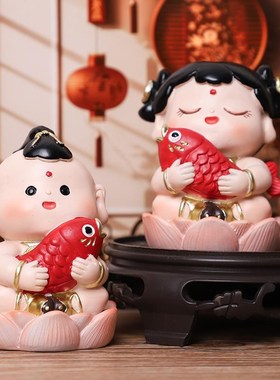 可爱善财童子树脂小摆件家居办公桌面装饰品摆件车载国潮公仔摆件