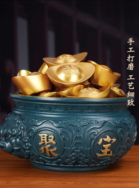 铜双狮聚宝盆客厅玄关店铺装饰工艺品开业礼品办公室乔迁门店摆设