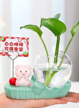可爱小动物举手便签水培装饰办公室桌面女生创意绿植插花花瓶摆件