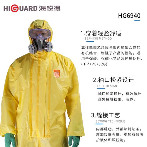 海锐得HG6940耐强酸碱腐蚀高效防护服82g双层拉链连体带帽防化服 - 图2